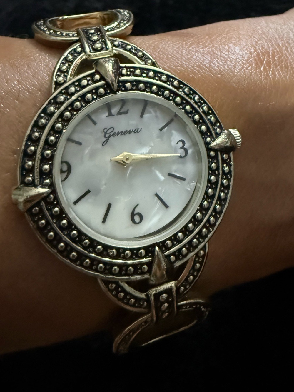 Geneva Vintage Antique Gold Tone MOP Bracelet Watch Marcasite Style